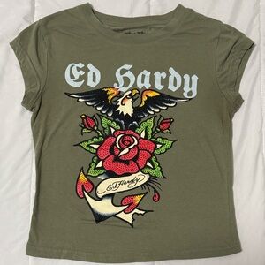 Ed Hardy Olive Tee with Red Rose & Black Eagle Graphic